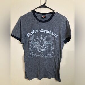 Vintage Y2K Harley Davidson Tee Women's Ringer Shirt Gray Tattoo Style Size M